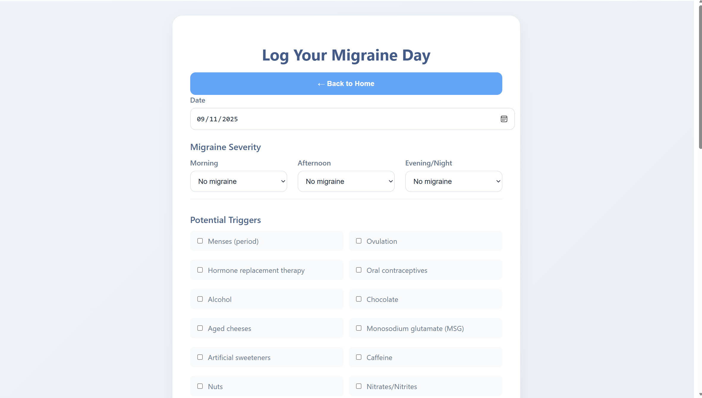 Migraine Diary Dashboard View