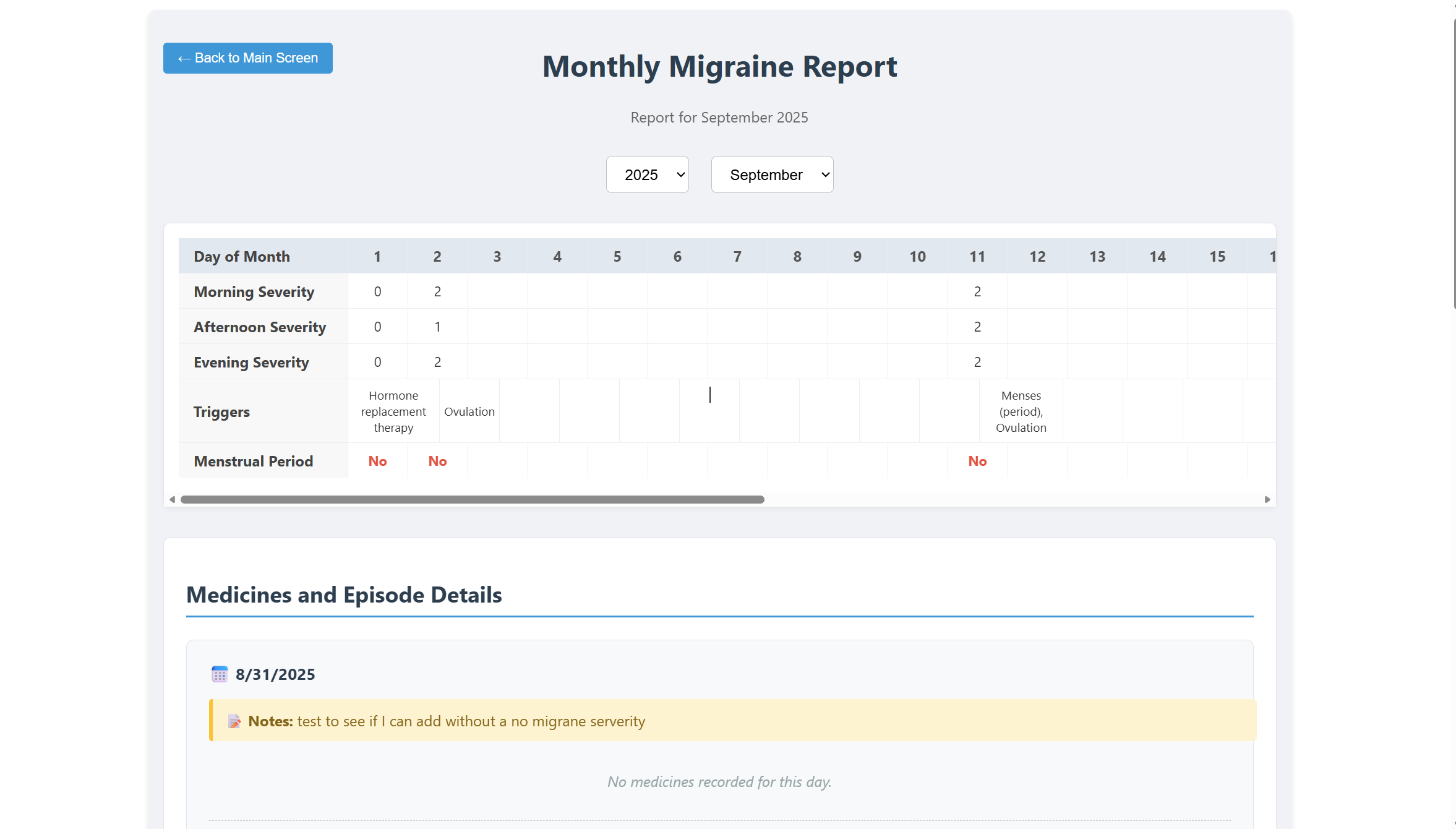 Migraine Diary Patient Logging View