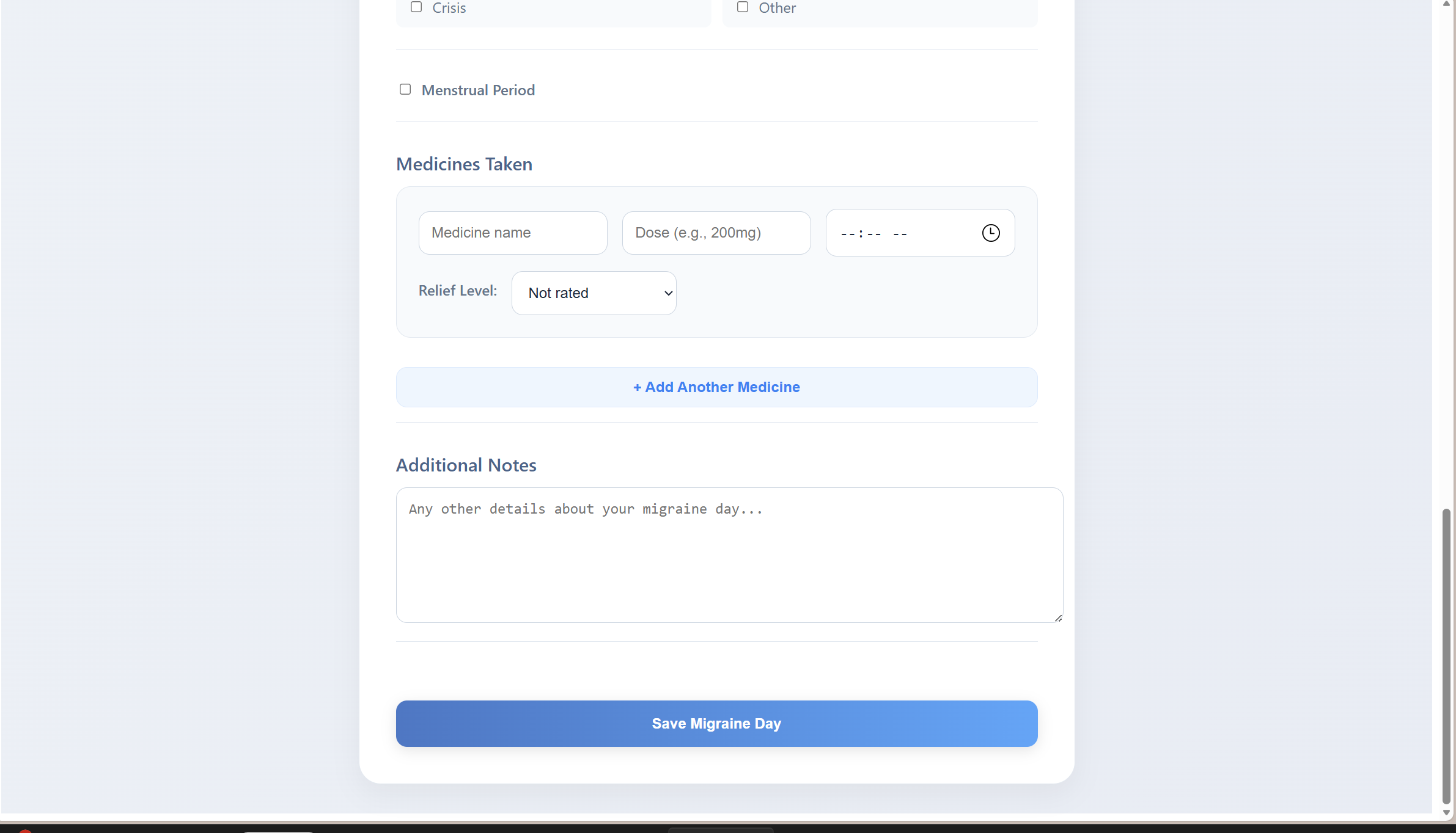 Migraine Diary History View